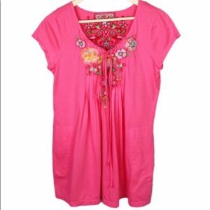 JWLA Johnny Was Embroidered Top Pink Pockets Tie L